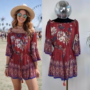 Angie Boho Floral Off the Shoulder Romper Rust Red, Size Medium, Festival hippie